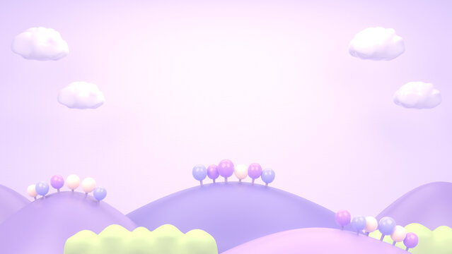 3d rendering picture of sweet cartoon purple mountains, trees, and clouds.