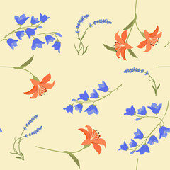 Seamless vector illustration with campanula, lily and lavender on a beige background.