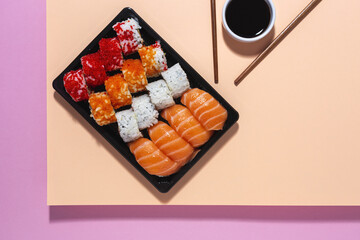 Japanese food concept to go. Sushi take away assortment