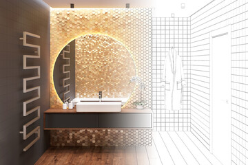 The sketch becomes a real dark bathroom with a washbasin on a wooden cabinet near a round mirror on a gold mosaic wall, a door, a heated towel rail, a bathrobe, black walls, a wooden floor. 3d render
