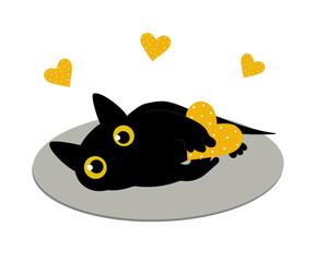 Black funny cat with a yellow heart for Valentine's Day, New Year, Christmas. For postcards, posts, fashion prints, textiles, clothing, cups. Cartoon style. 