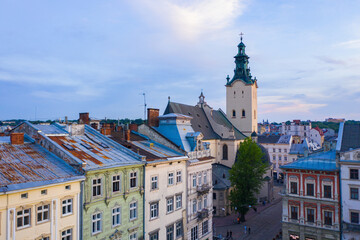 View on Latin Cathedral in Lviv, Ukraine  from drone