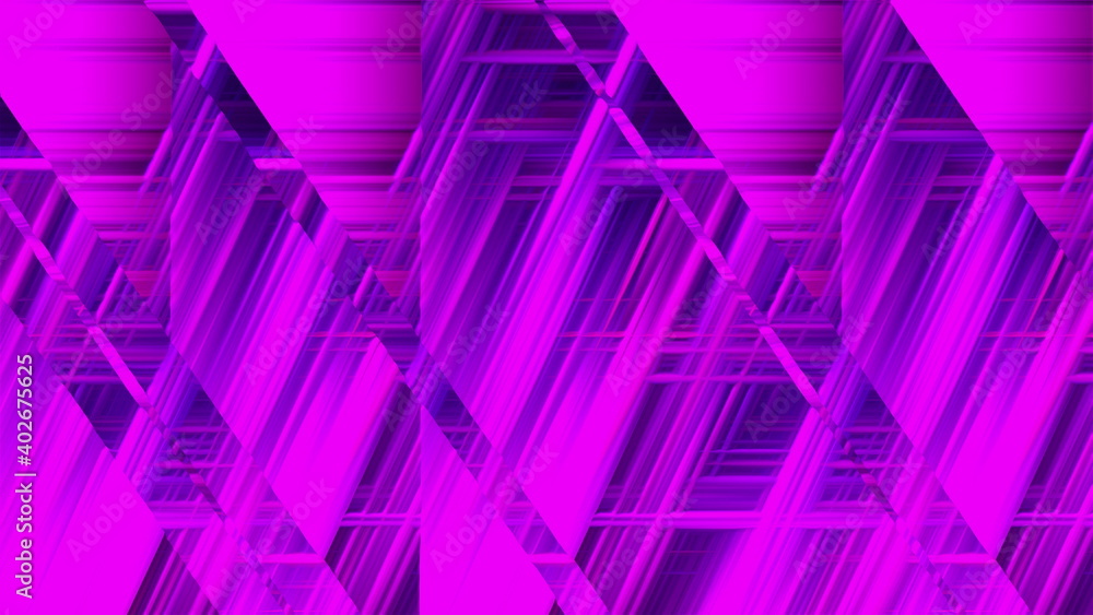 Poster computer generated inclined and horizontal glass stripes with many narrow neon light lines in differ
