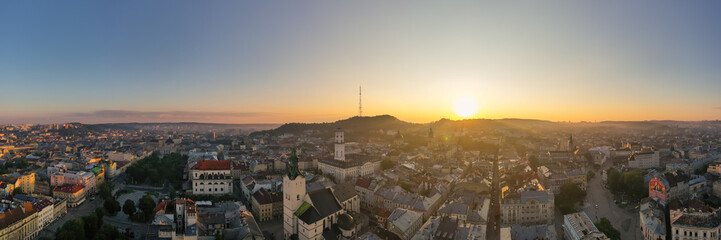 Aerial view on City Hall and Latin Cathedral in Lviv, Ukraine from drone