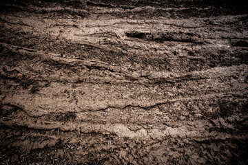 Tyre track on dirt sand or mud, Picture in retro or grunge tone. Car drive on sand. off road track. Track on grass field. Track in farm.