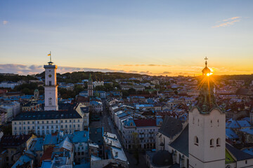 Obraz premium Aerial view on City Hall and Latin Cathedral in Lviv, Ukraine from drone
