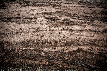 Tyre track on dirt sand or mud, Picture in retro or grunge tone. Car drive on sand. off road track....