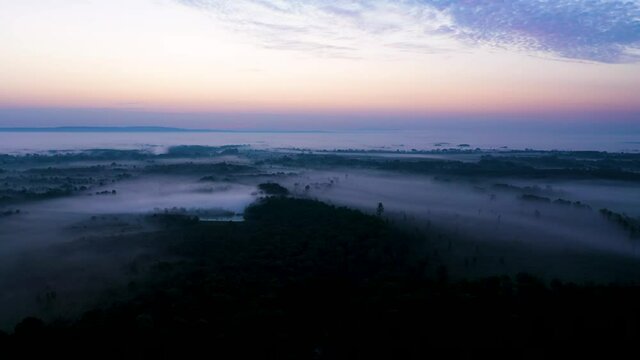 Aerial view of nature reserve Odransko Polje during foggy morning, Croatia.
