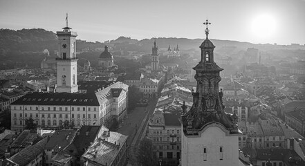 Aerial view on City Hall and Latin Cathedral in Lviv, Ukraine from drone