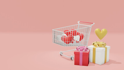 heart shape in Shopping cart and cute gift boxes beside ,3d rendering for valentine day. 3D illustration, Valentine day shopping concept.