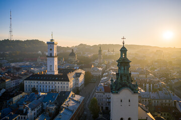 Aerial view on City Hall and Latin Cathedral in Lviv, Ukraine from drone