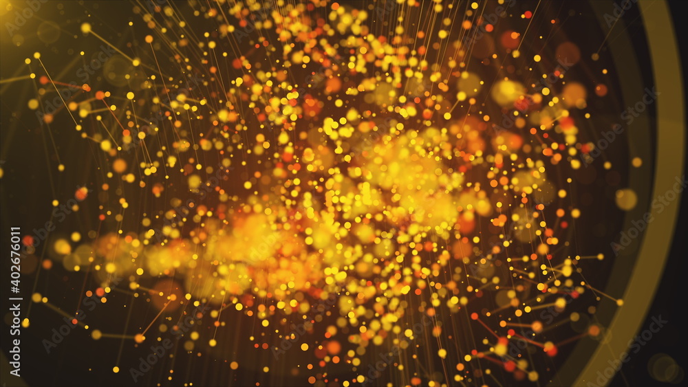 Poster computer generated abstract beautiful background. gold particles, dots and lines, 3d rendering.