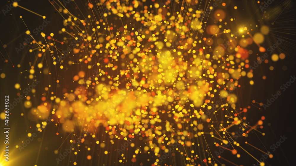 Poster computer generated abstract beautiful background. gold particles, dots and lines, 3d rendering.