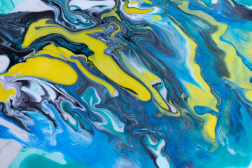 Gold, blue and yellow marbling pattern. Marble liquid texture.