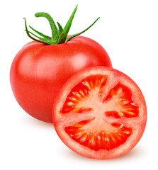 Isolated tomato. One whole tomato and and slice of fresh tomato isolated on white background with clipping path