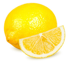 Isolated lemon. One whole lemon citrus fruit and cut isolated on white background with clipping path