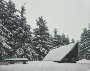 Schutzhütte und Holzbank im verschneiten Thüringer Wald
