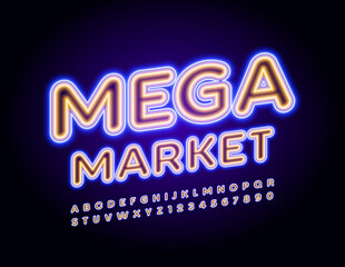 Vector bright Sign Mega Market with trendy Uppercase Font. Neon glowing Alphabet. Illuminated Letters and Numbers set
