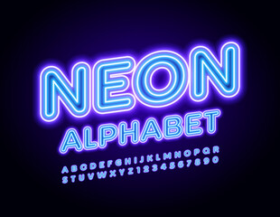 Vector Neon Alphabet. Glowing light Font. Electric Led Letters and Numbers set