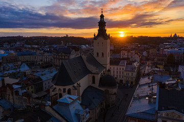Fototapeta premium View on Latin Cathedral in Lviv, Ukraine from drone