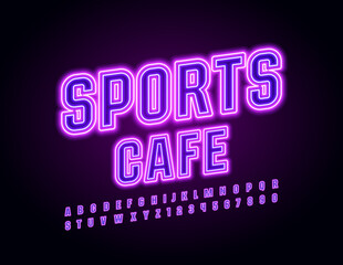 Vector glowing sign Sports Cafe. Violet Led Font. Purple Neon set of Alphbaet Letters and Numbers