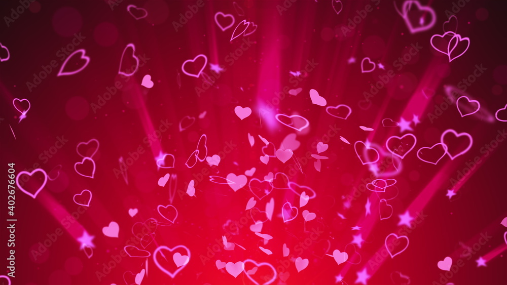 Poster many hearts and stars swirl in the rays of light. 3d rendering of abstract wedding background, compu