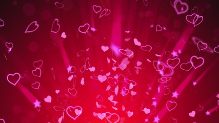 Many hearts and stars swirl in the rays of light. 3D rendering of abstract wedding background, computer generated