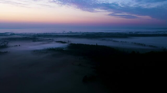 Aerial view of nature reserve Odransko Polje during foggy morning, Croatia.