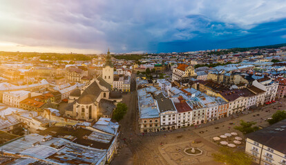 Fototapeta na wymiar View on Latin Cathedral in Lviv, Ukraine from drone