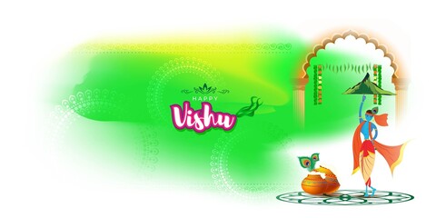 Vector illustration of Happy Vishu concept banner. kerala New Year, Indian hindu festival poster with vishu flowers and pots.
