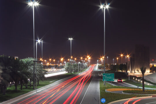 Abu Dhabi City Night Traffic As Light Trails