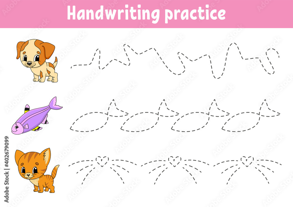 Wall mural Handwriting pactice. Education developing worksheet. Activity page. Color game for children. Isolated vector illustration. Cartoon character.