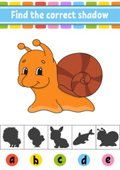 Find the correct shadow. Education developing worksheet. Activity page. Color game for children. Isolated vector illustration. Cartoon character.