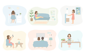 Working, Quarantine at home - Woman working on laptops. relaxing on sofa and reading books. wash your hands often. selfie. watching TV. make salad. Vector illustration in flat cartoon character style.