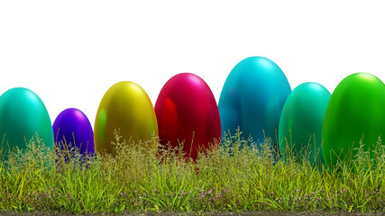 Bunte Ostereier in verschiedenen Farben und Größen in einer Wiese