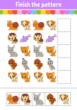 Finish the pattern. Cut and play. Education developing worksheet. Activity page. Cartoon character.