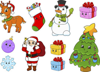 Set of stickers with cute cartoon characters. Christmas theme. Hand drawn. Colorful pack. Vector illustration. Patch badges collection. Label design elements. For daily planner, diary, organizer.
