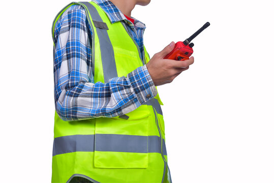 Firefighters Using Walkie Talkie, Rescue Operation Close Up Isolated On White Background.