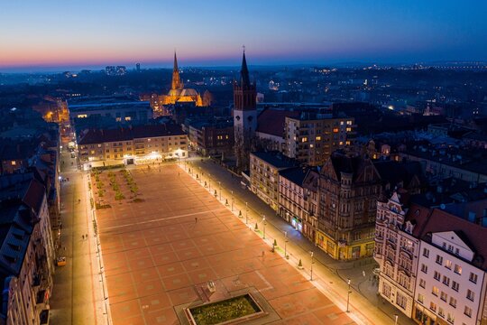 Aerial drone view on Bytom city at evening. Bytom, Silesia, Poland