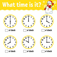 Learning time on the clock. Winter theme. Educational activity worksheet for kids and toddlers. Game for children. Simple flat isolated color vector illustration in cute cartoon style.