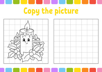 Naklejka premium Copy the picture. Winter theme. Coloring book pages for kids. Education developing worksheet. Game for children. Handwriting practice. Funny character. Cute cartoon vector illustration.