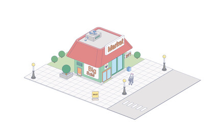 Vector isometric icon or infographic element representing supermarket building with parking lot, advertising signs and supermarket carts.