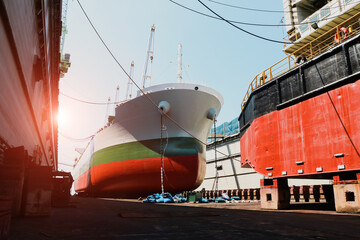 Ship repair, Maintenance On The Dock At The Shipyard with light and shadow on hull.