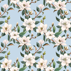 Beautiful seamless pattern with hand drawn watercolor white magnolia flowers. Stock illustration.