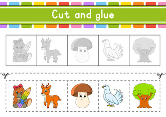 Fototapeta premium Cut and play. Paper game with glue. Flash cards. Education worksheet. Activity page. Scissors practice. Isolated vector illustration. Cartoon style.