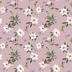 Beautiful seamless pattern with hand drawn watercolor white magnolia flowers. Stock illustration.