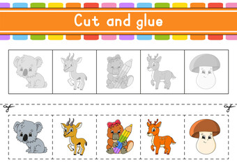 Cut and play. Paper game with glue. Flash cards. Education worksheet. Activity page. Scissors practice. Isolated vector illustration. Cartoon style.