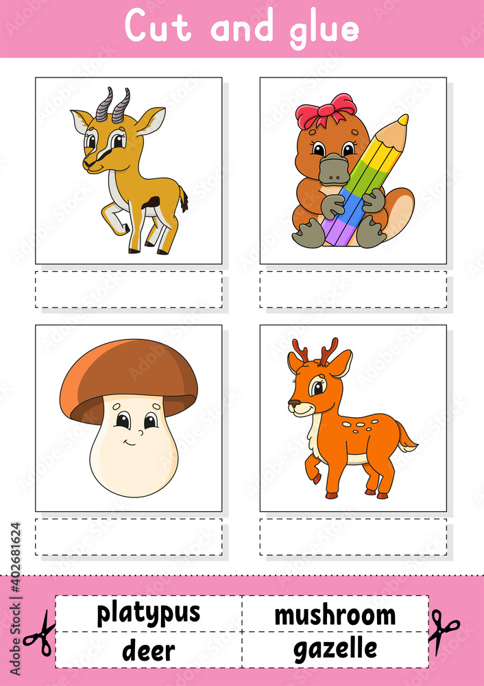 Canvas Prints Cut and glue. Game for kids. Learn English words. Education developing worksheet. Color activity page. Cartoon character.