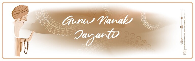 Vector illustration banner of Guru Nanak Jayanti, Gurpurab, religious festival of Sikh with holy symbol and flag