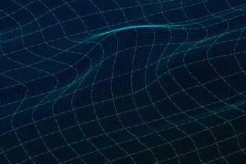 Technology abstract 3d futuristic background with bends and wave. Grid. Blue colors. Cyber technology. Stock vector illustration on black isolated background.